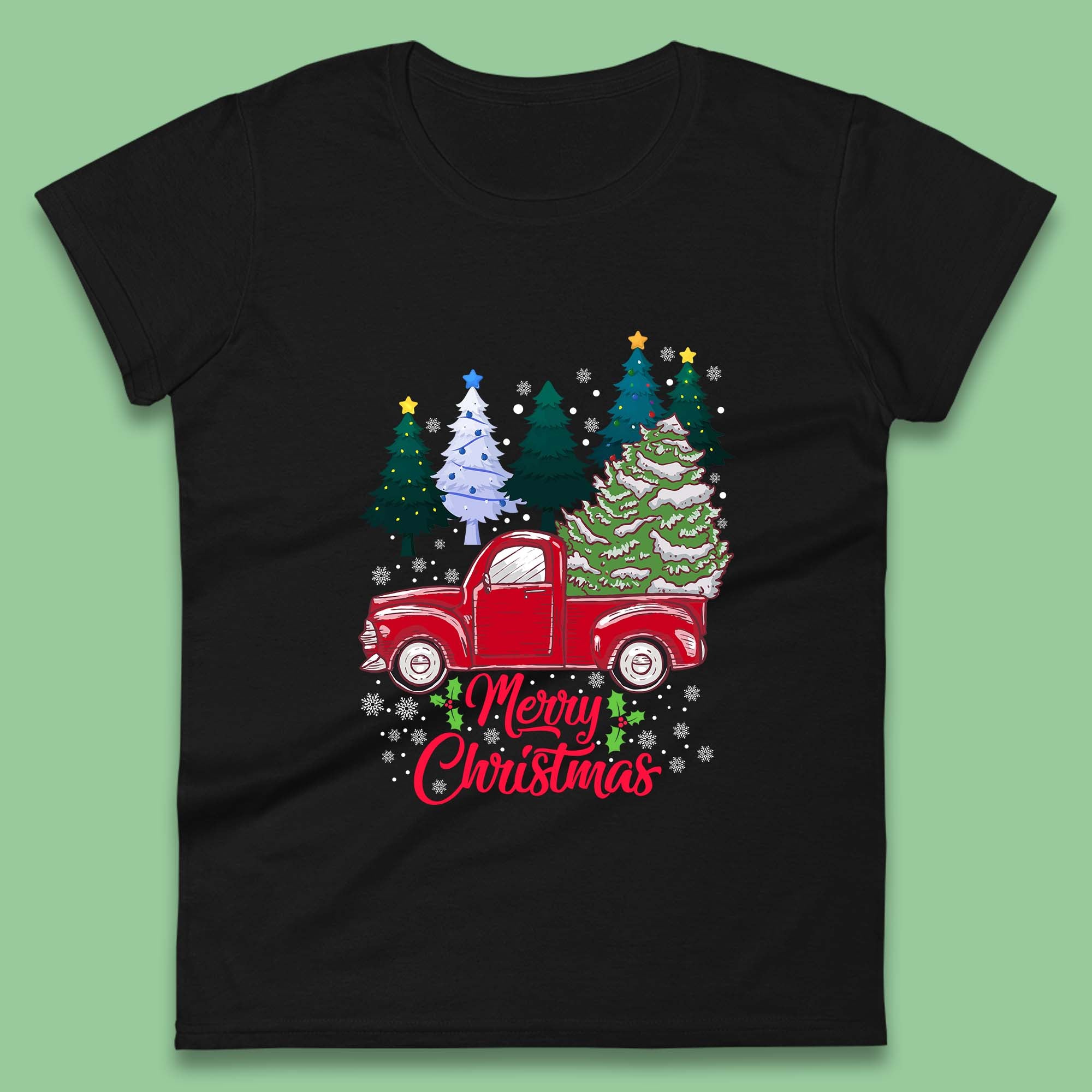 Merry Christmas Red Retro Truck Womens T Shirt Mens Tops Tees Unisex Christmas Tree Top 3XL