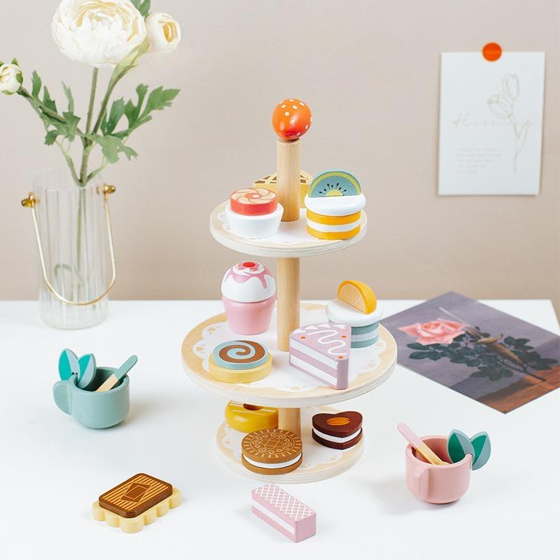 Kinder-Dessert Nachmittagstee Holz Simulation Kekse Dreistöckiger Dessertständer Kuchen Turm Set Spielhaus Spielzeug
