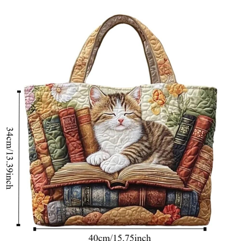 Cat Patterns Women Quilted Tote Bag 3D Printed Patterns Lightweight Travel Handbag Cotton Vintage Canvas Shoulder Bag Lady Girl