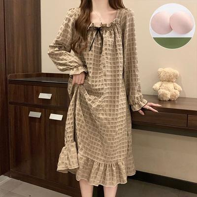 Pajama Dress Women's Spring and Autumn Long-sleeved Bubble Plaid Pajamas New Pullover Jacket Casual Loose Sleeping Home Wear