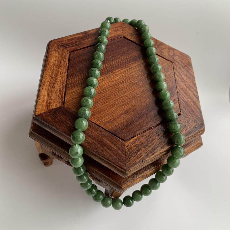 Natural Hetian Jade Jasper Necklace with Round Beads in Cabbage Green - 10mm