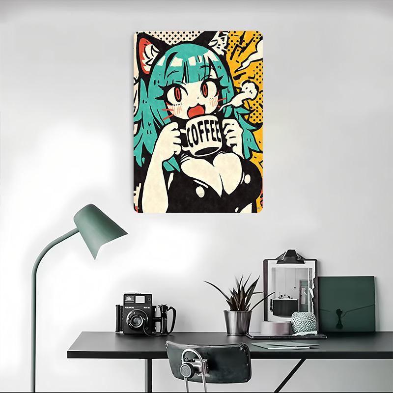 Kawaii Anime Cat Girl Coffee Printed Poster Customized Wall Art Retro Vintage Metal Tin Signs for Home Decoration Aesthetic Room