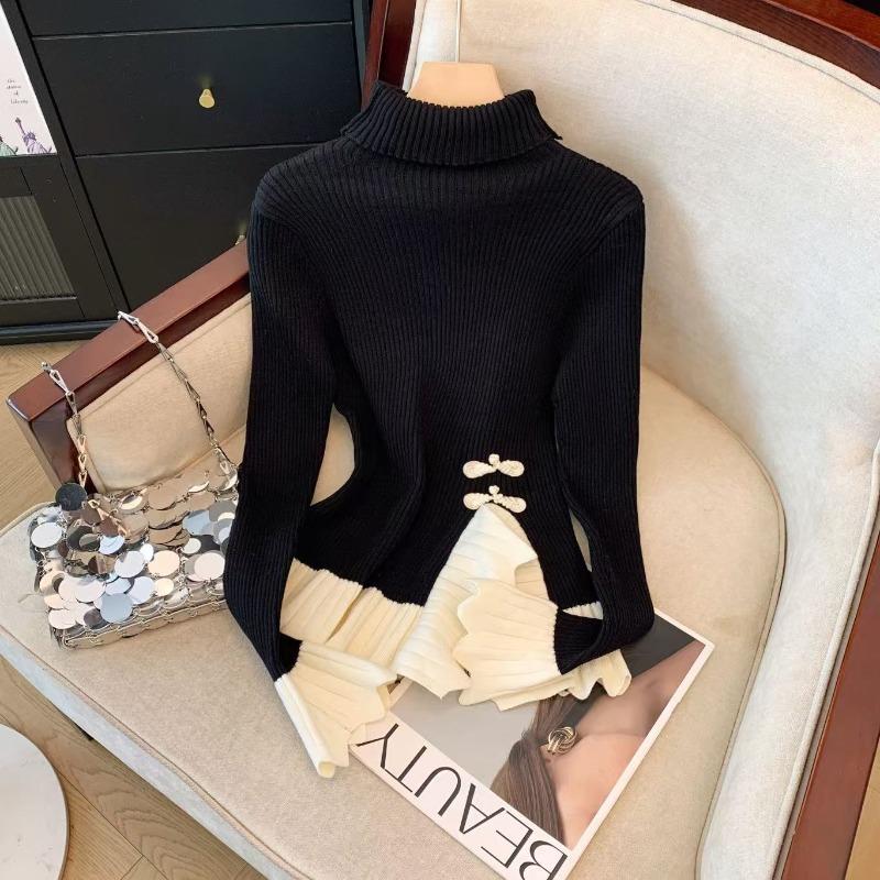 

Irregular contrasting colors disc buckle ruffle edge knitted sweater women s spring and autumn slim-fit turtleneck sweater inner L чёрный