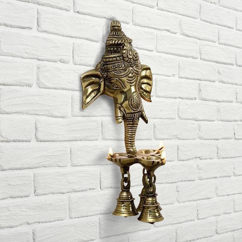 Ganesh Deepak with Bell Brass Wall Hanging (Brown)