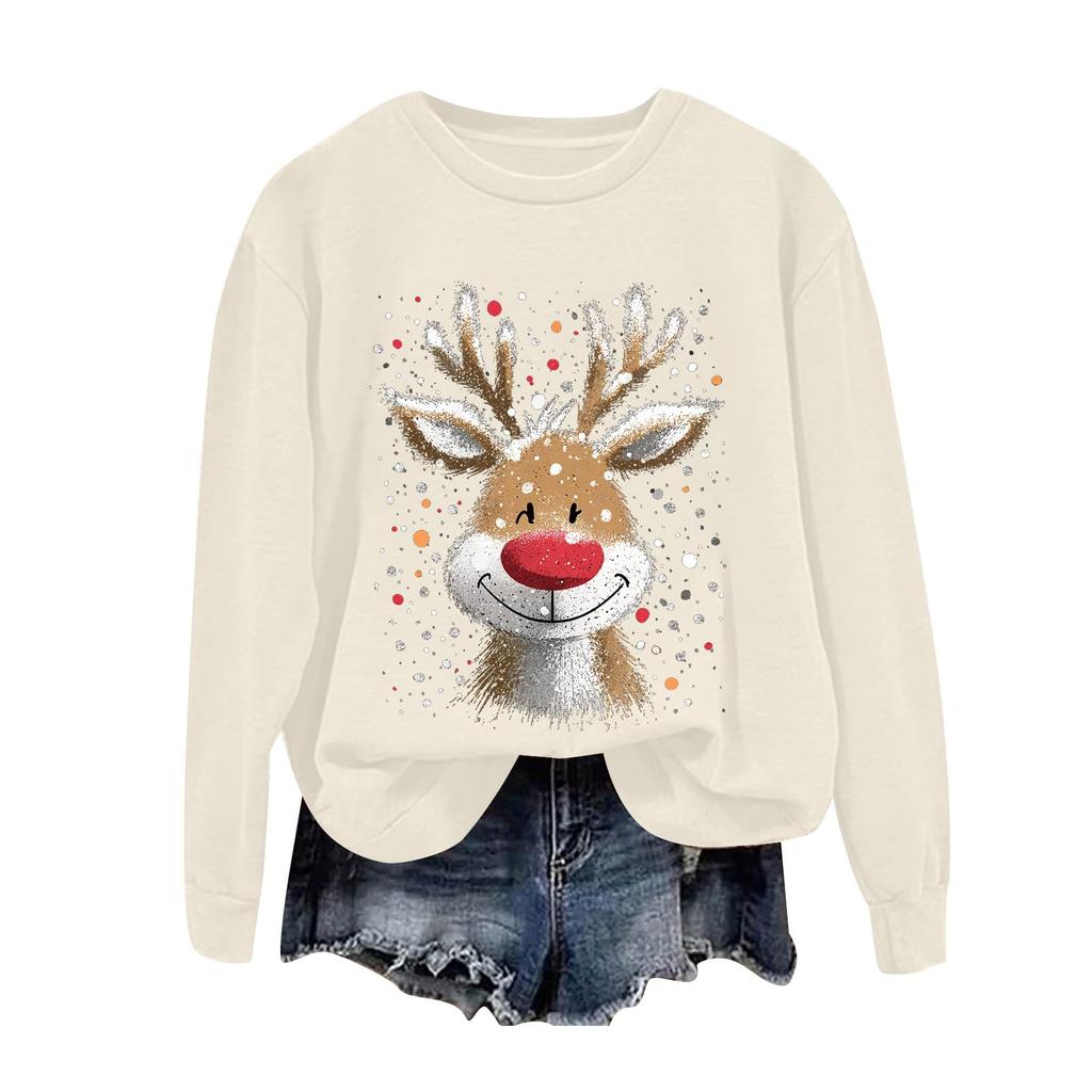 Women's Fashionable Casual Long-Sleeved Loose-Fit Christmas Print Round-Neck Pullover Sweatshirt