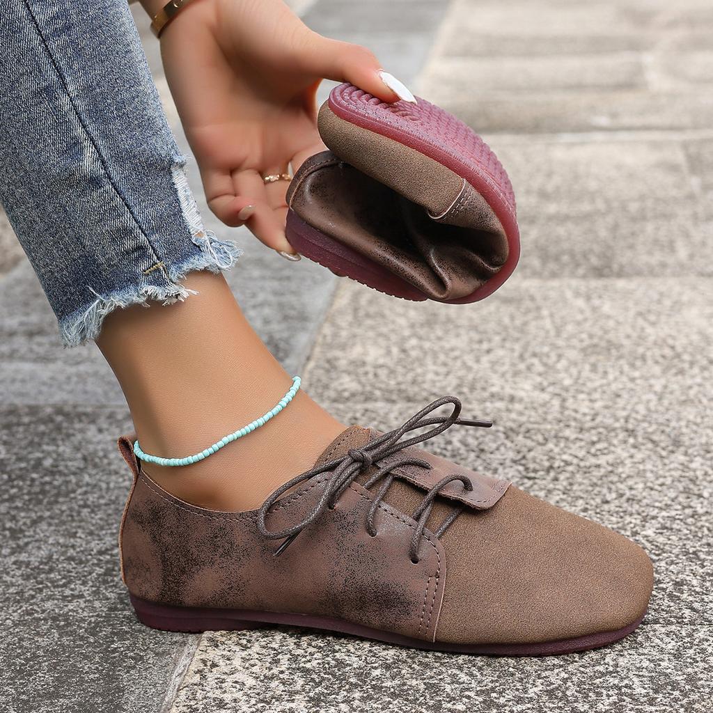 Große Damenschuhe Retro-Stil Flachsohlige Lässige Allround-Damen-Single-Schuhe Niedrig geschnittene Schnürung vorne Erbsenschuhe