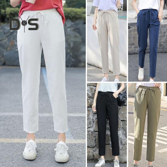 

Льняные женские брюки Свободные минималистичные шнурки Повседневные брюки S хаки