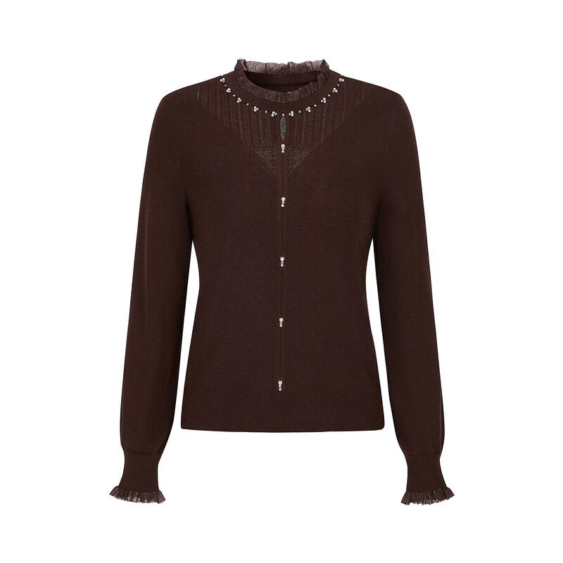 JUZUI Elegant Ruffle-Neck Cut-Out Wool Blend Knit Sweater