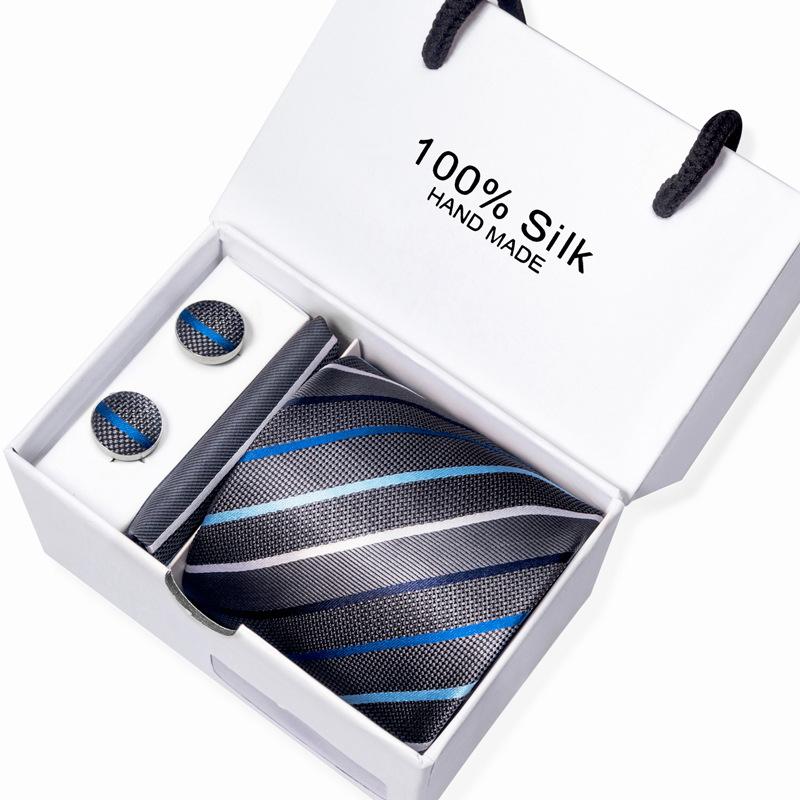 Men'S Business Tie Square Scarf Gift Box Striped Plain Suit Shirt Tie Black Gift Box Set