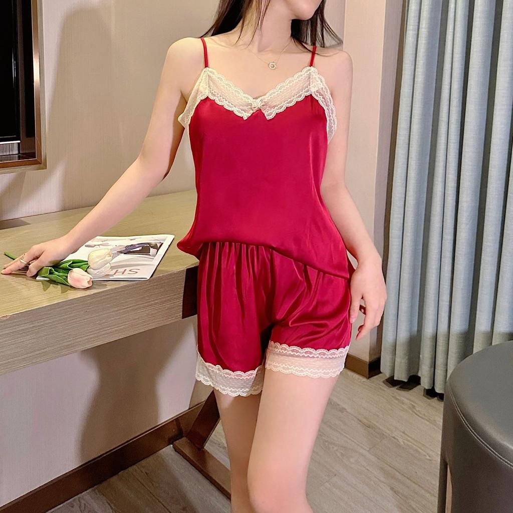Sexy pajamas women's ice silk summer thin new lace pure desire wind suspender shorts silk loungewear