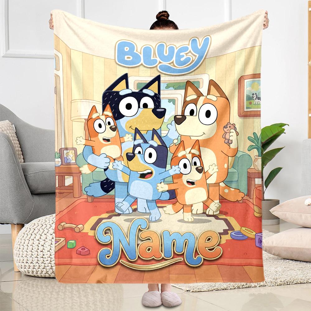 Bluey Family Adventure Customize Text Blanket Throw Customizable Blanket Soft Warm Cozy for Bed Office Bedding Seaside Ideal for All Seasons