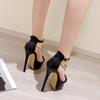 Wind Open Toe Hollow Rear Zipper Metal Chain Waterproof Table Thin Heel High Heel Sandals Women