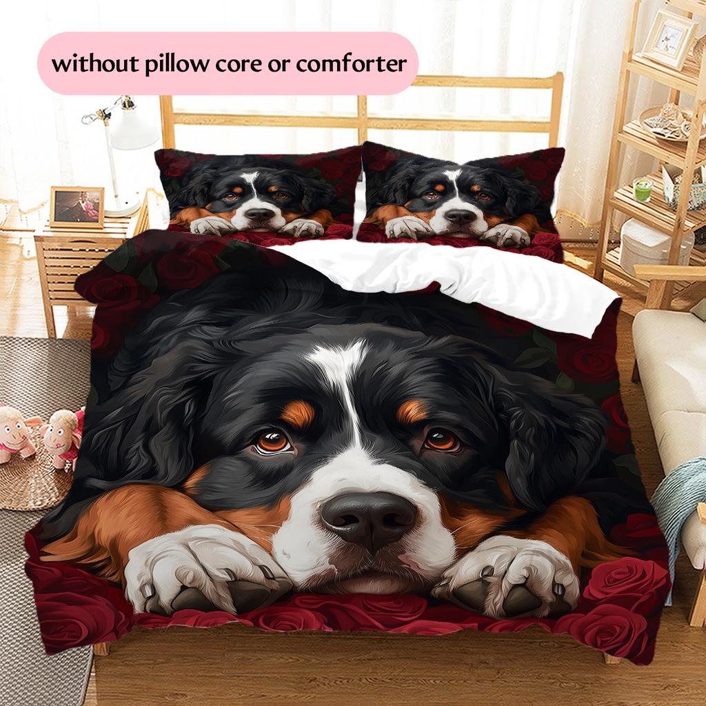Bernese Mountain Dog and Rose Pattern Bedding Home Decoration Birthday Gift (1 * duvet cover + 2 * pillowcase, without core)