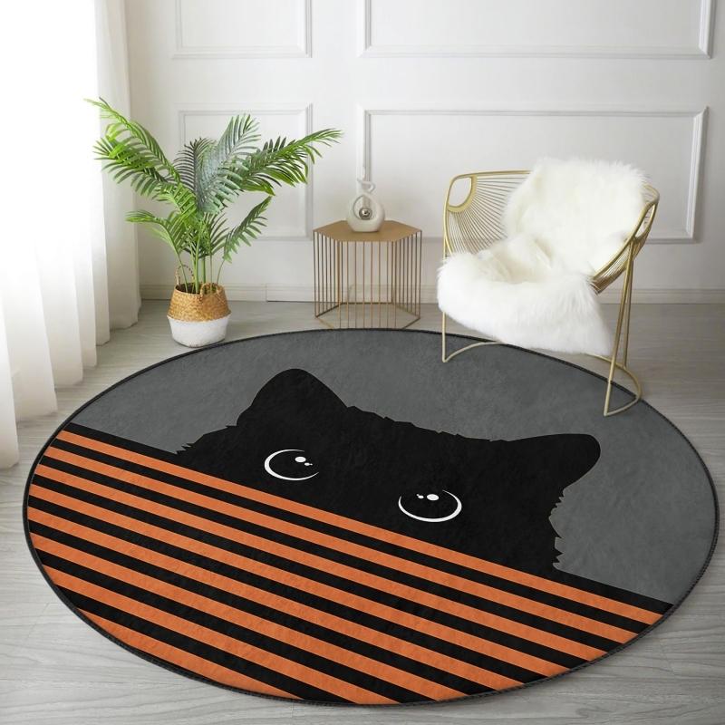 

Deymend Orange Striped Black Cat Design Kitchen Round Carpet With Washable Non-Slip Base