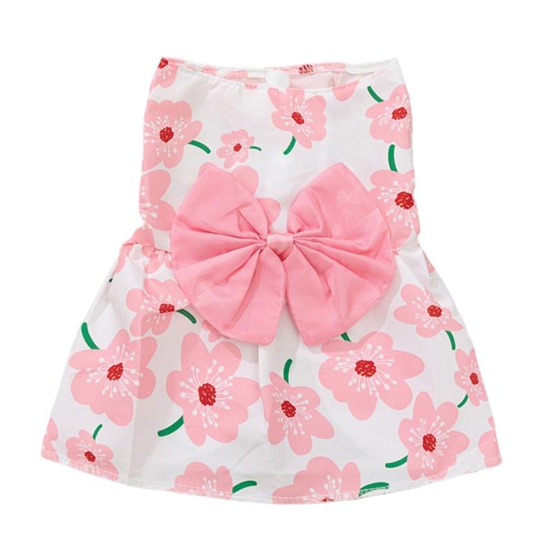 Spring Summer Pet Flower Print Skirt with Bowknot Decors Outdoor Walking Dogs Rabbit Universal Dress Lightweight