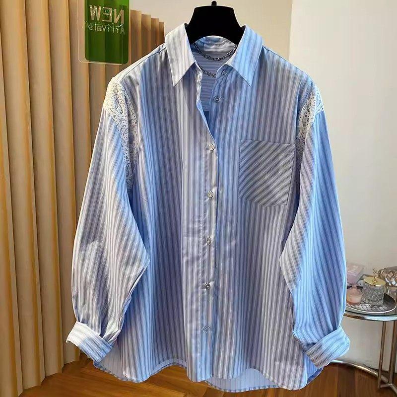 European High-End Plus Size Blue Stripe Shirt for Women - Summer 2026 Collection 4XL