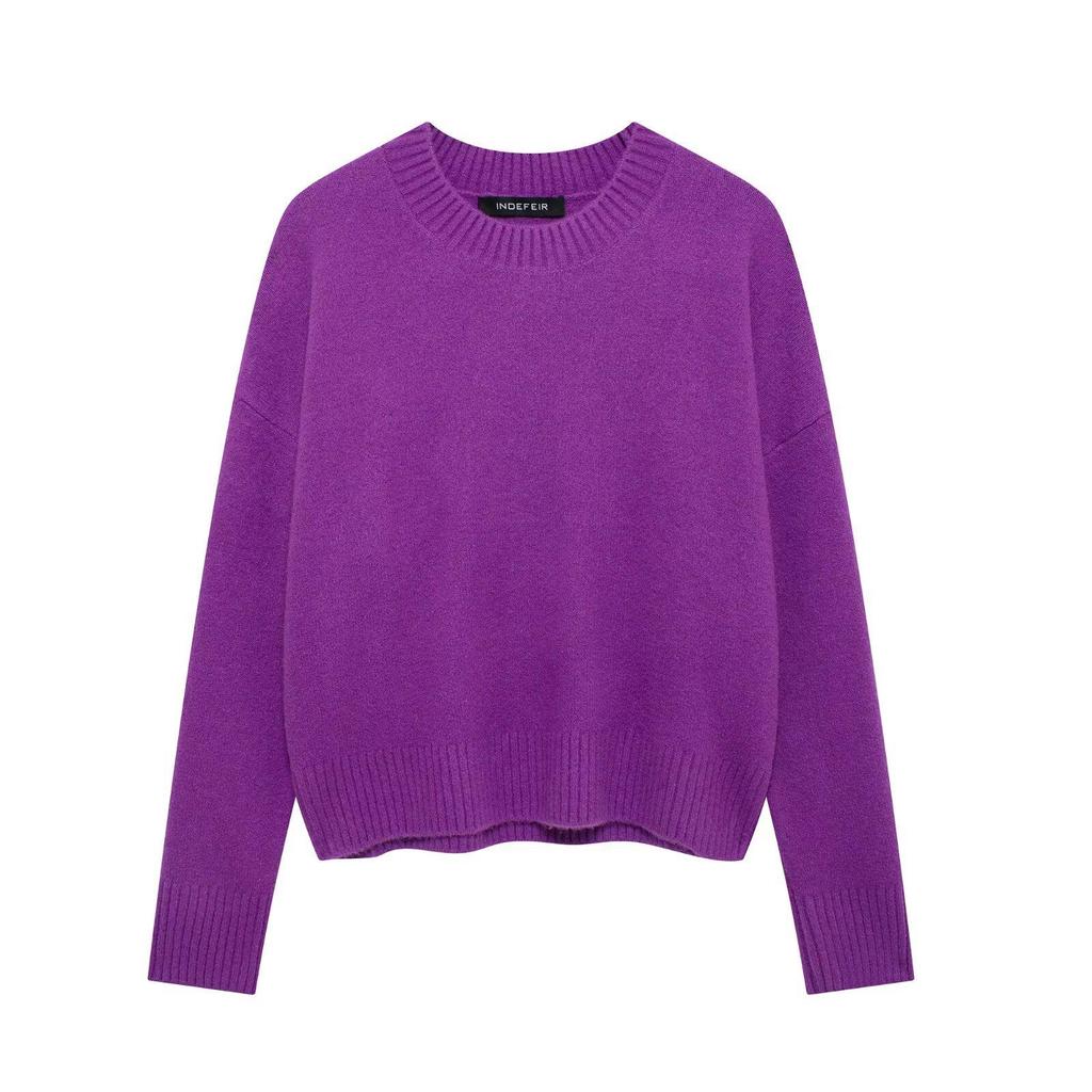 Women's European & American Style Round Neck Solid Color Soft Long Sleeve Knitted Sweater
