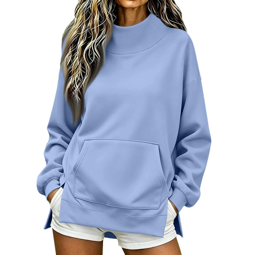 Women's High Neck Side Slit Sweatshirt Lightweight Loose Fit Long Sleeve Pullover for Fall