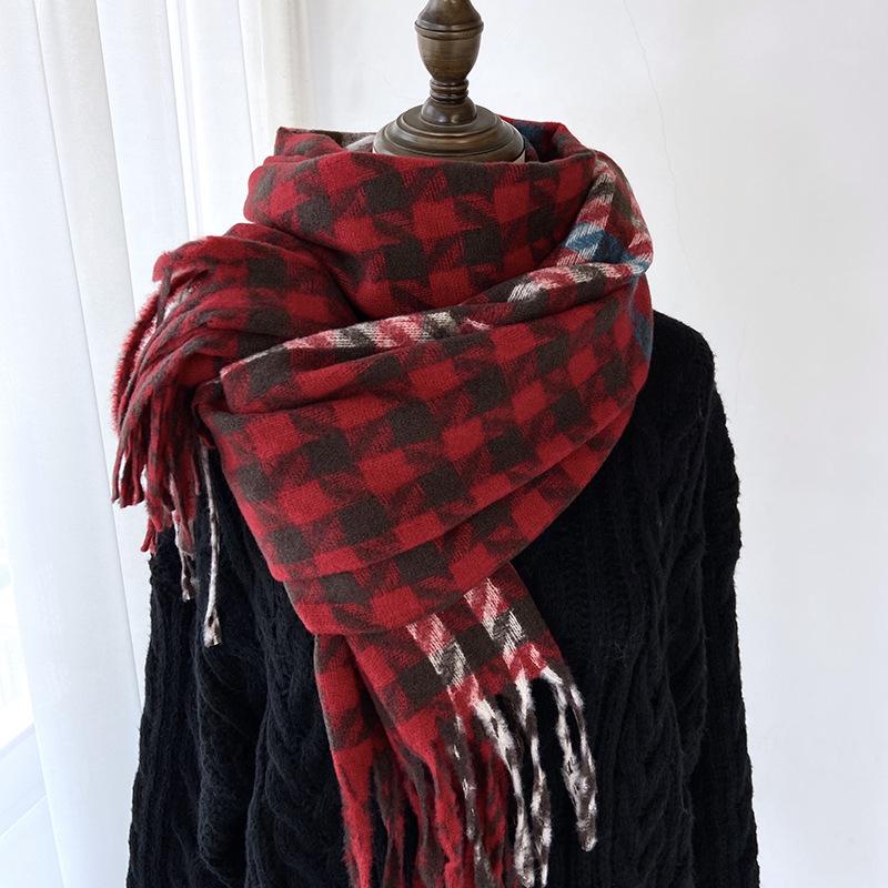 Checkered Scarf Women's Autumn and Winter New High-end Long Style Student Couple Shawl Warm and Thick Tassel Scarf