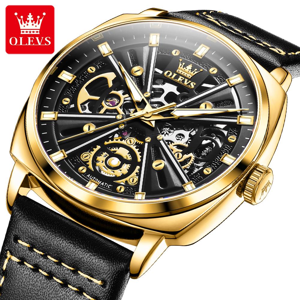 OLEVS 6685 OEM Custom Logo Relogio Luxuriös Skelett Durchbrochen Luminous Sport Echtsleder Automatisch Mechanische Uhr für Mann