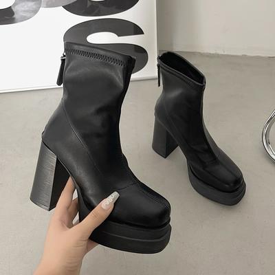 Chunky High Heels Ankle Boots Women 2024 Back Zipper Patent Leather Boots Woman Light Fashion Designer Black Platform Booties