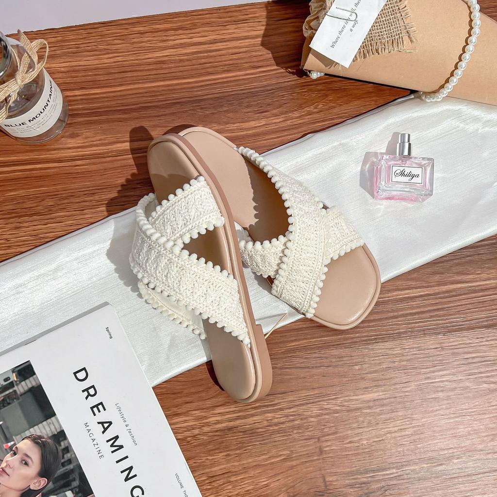 Grape Mother Women's Shoes Wear High-end Sense Small Fragrant Style Woven Cross-belt Flat-bottomed Slippers Women's Temperament Gentle Style