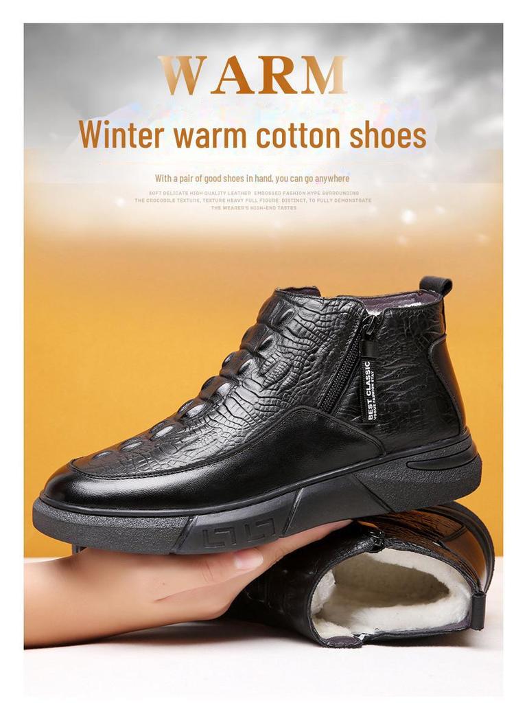 Men's Winter Crocodile-Pattern Cowhide Leather Cotton Shoes with Wool Lining