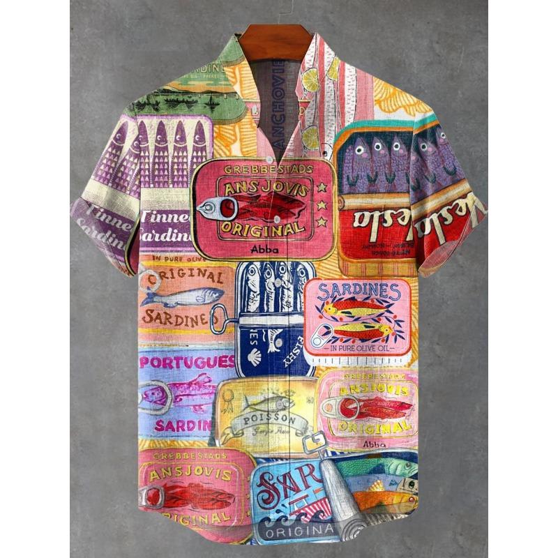 Immagine di stampa digitale 3D di camicia a maniche corte in lino, progettata per atmosfera di festa maschile, stile casual, camicia da uomo retrò