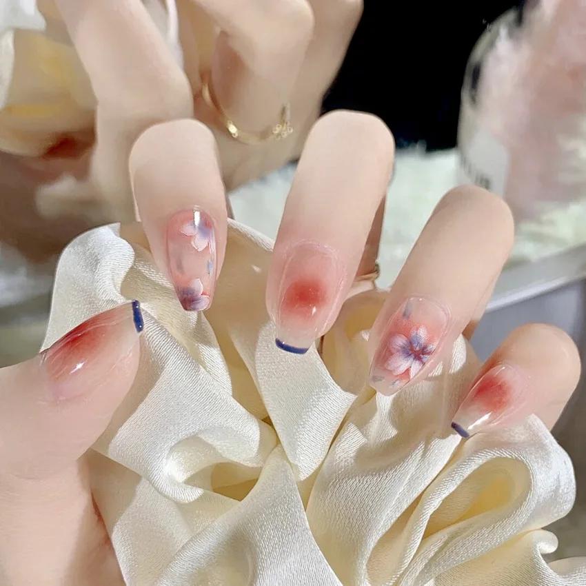 24Pcs French Long Ballet Square Fake Nails Removable Full Cover Press On Nails Acrylic False Nail Tips