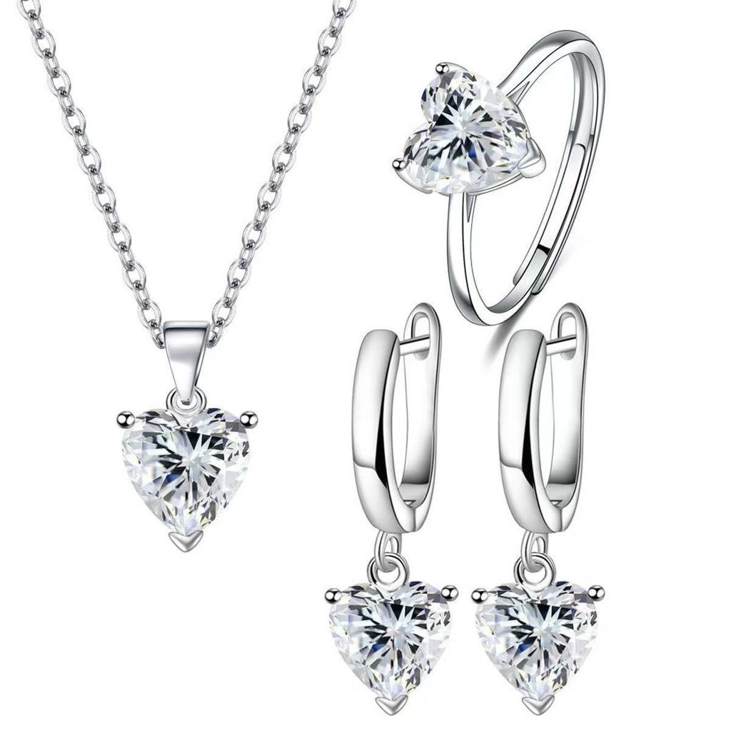 Zircon Heart Pendant Necklace & Ring Love Set for Women - 3 Piece Set