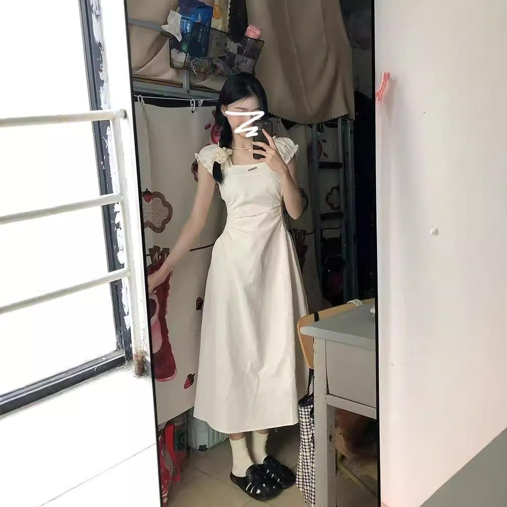 Square Collar Simple Dress Women's Clothing Summer New First Love Pure Milk Sweet Small Niche Waist Medium and Long Dress