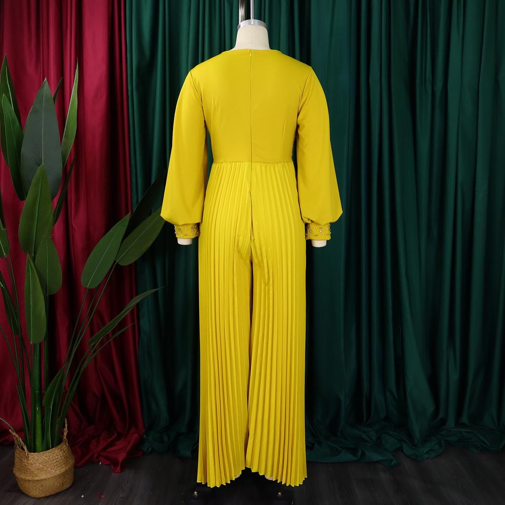 Women Pleated Jumpsuits Rompers Elegant V Neck Long Sleeve Plus Zize Floor Length Party Rompers Clothe Women Pants