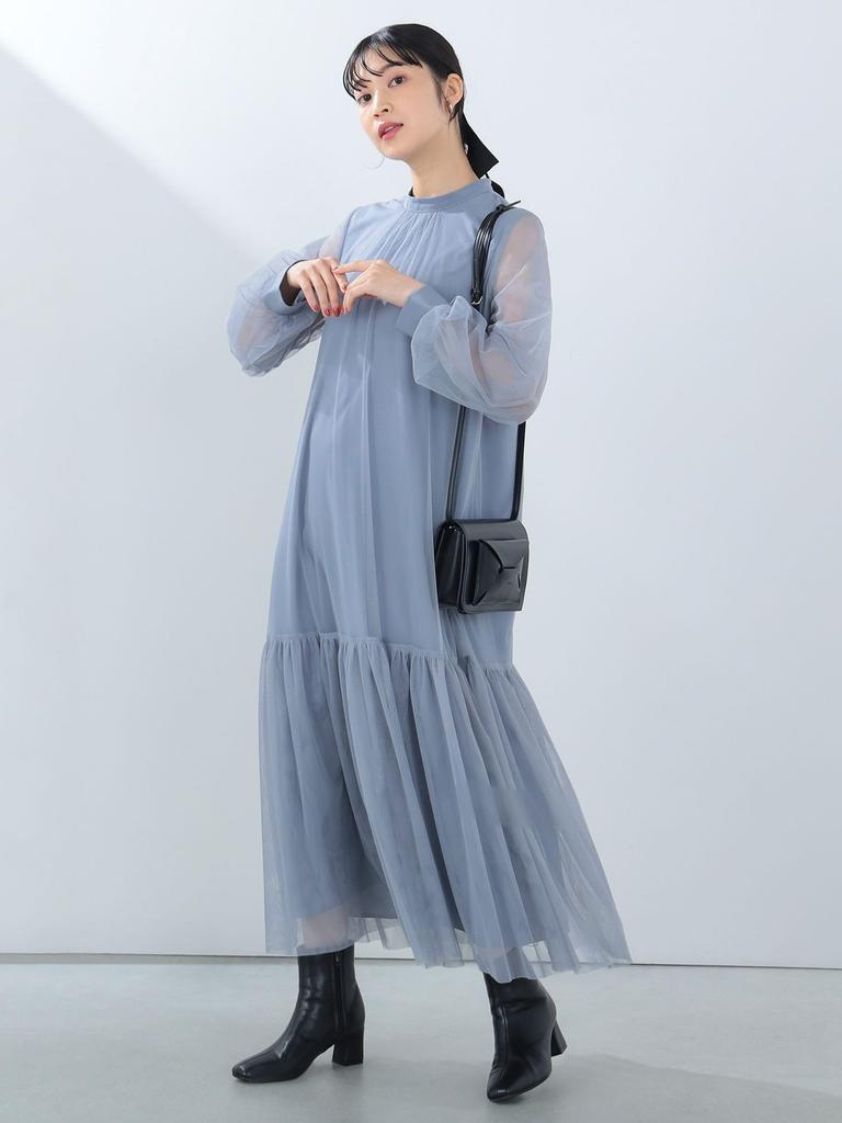 Beams Heart Sheer Tiered Dress, Women's, Greyish Blue, One Size