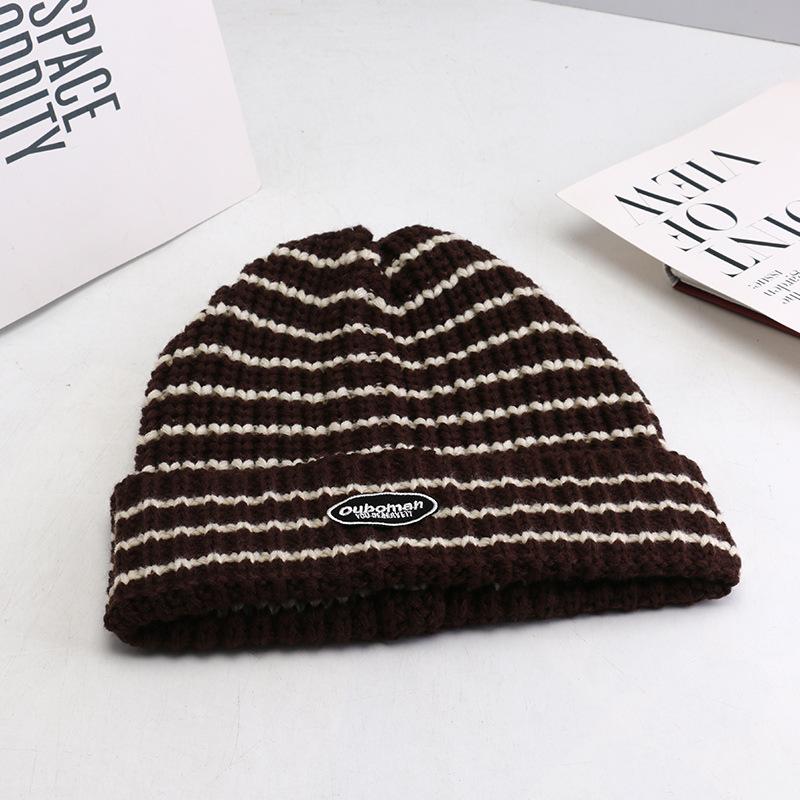 New Korean Version of Versatile Knitted Hat for Women's Trendy Warm Striped Wool Hat Big Head Ear Protection Cold Hat