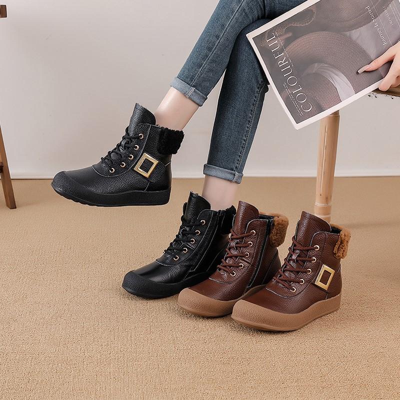 Johnature Retro Round Toe Side Zipper Plush Warm Short Boots Genuine Leather Soft Soled Women's Boots