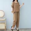 Women's Cotton Linen 2-Piece Outfit Casual Short Sleeve Crew Neck Top And Long Pants