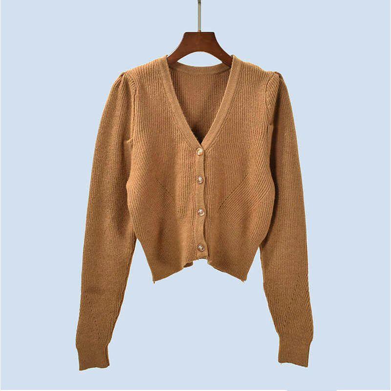 Puff Sleeves Short V-neck Sweater Female Fall and Winter K-style Classic Style Silm Long Sleeves Knitting Cardigan Outerwear Top