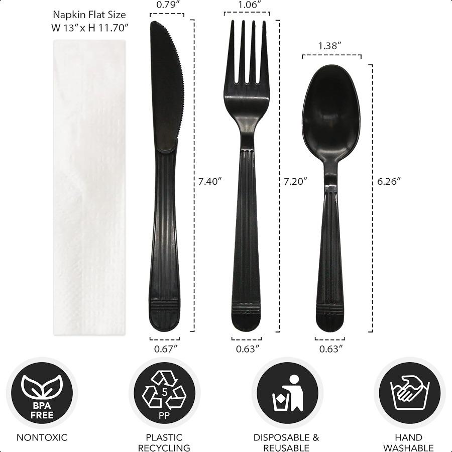 Individually Wrapped Heavy Duty Plastic Utensil Kits 50 Sets for Party Catering Fork Spoon Knife Napkin Black