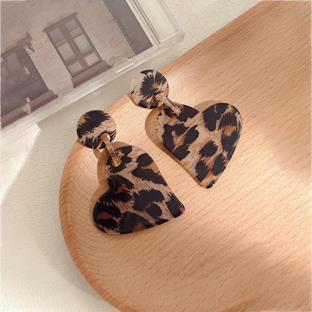 Akrylové náušnice s potiskem leopardí kůže a motivem srdce, Hong Kong styl, Maillard styl, Lehký luxus, Jednoduché, Módní, Univerzální náušnice