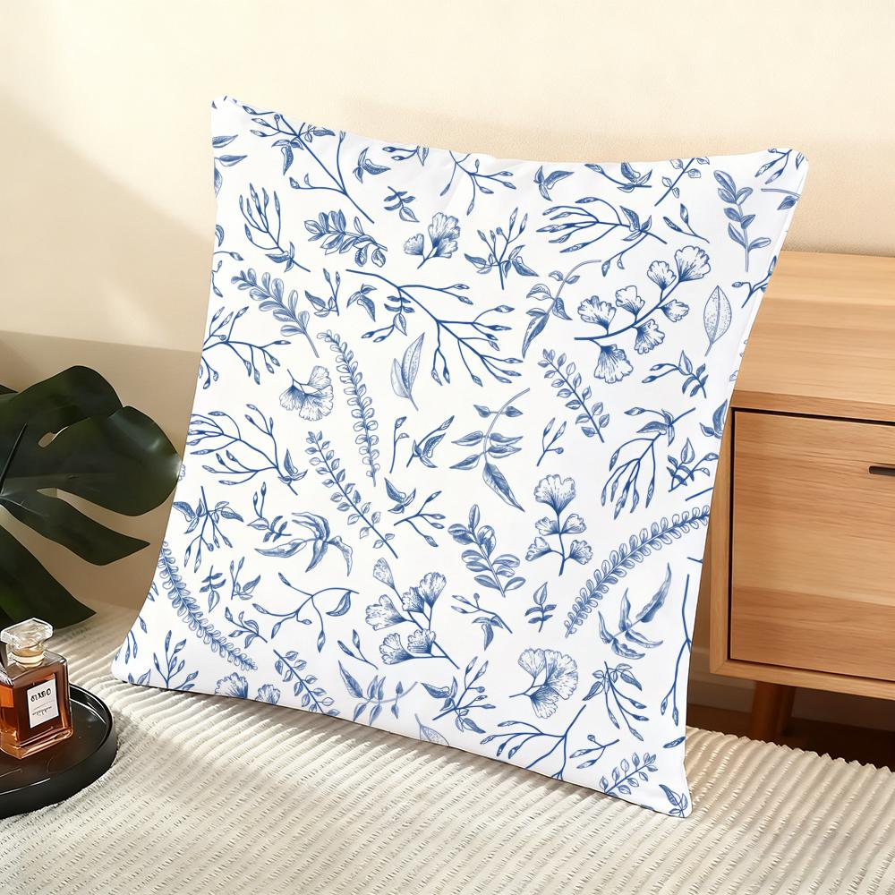 Blue Retro Flower Cushion Cover Soft Short Plush Pillow Cover Smooth Cozy Texture Aesthetic Cushion Case Home Decor
