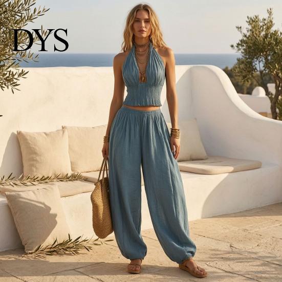 Loose Fit Women Clothing Women's Halter Sleeveless Summer 2 Piece Sets, Pleated Ruffle Backless Plus Size Casual Suit V Neck Top And Wide Leg