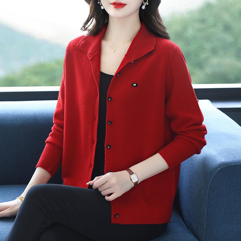 Puyuan Women's Pure Wool Lapel Knit Cardigan - Autumn/Winter Loose Fit Sweater Coat, Warm Slimming Style for Moms