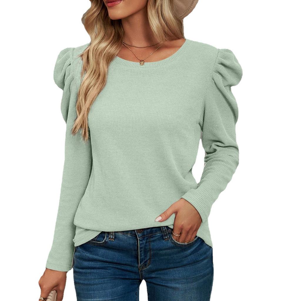 2024 Autumn/Winter New European And American Long Sleeve Folded Splicing Round Neck Waffle T-Shirt Top For Women