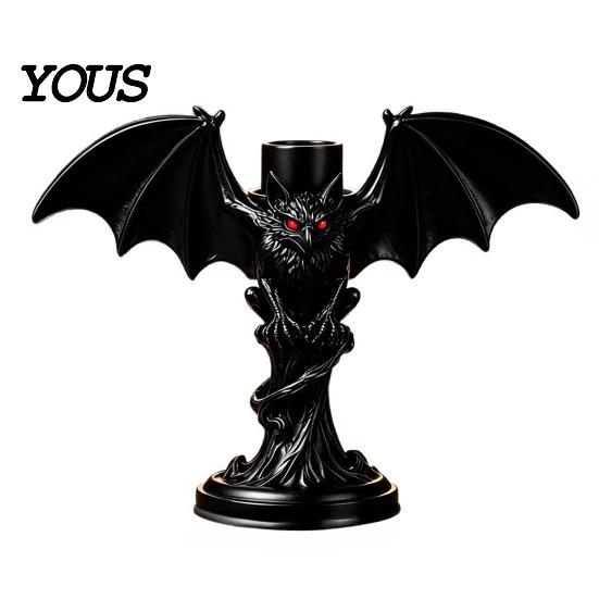 Halloween Bat Candle HolderGothic Tealight Holder Devil Holder, Gothic Winged Candlestick with Shadow Projection Red Eyes, Matte Black Sticks