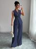 Womens Sleeveless V Neck Blouse Wide Leg Pants Set Solid Color Suit