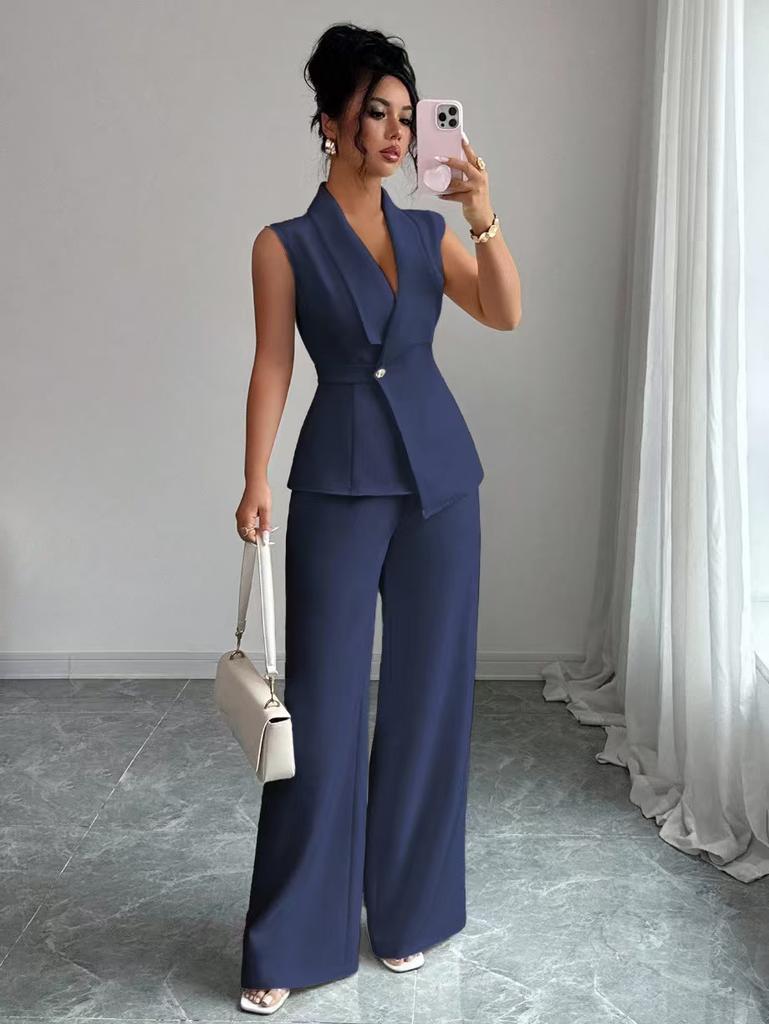 Womens Sleeveless V Neck Blouse Wide Leg Pants Set Solid Color Suit