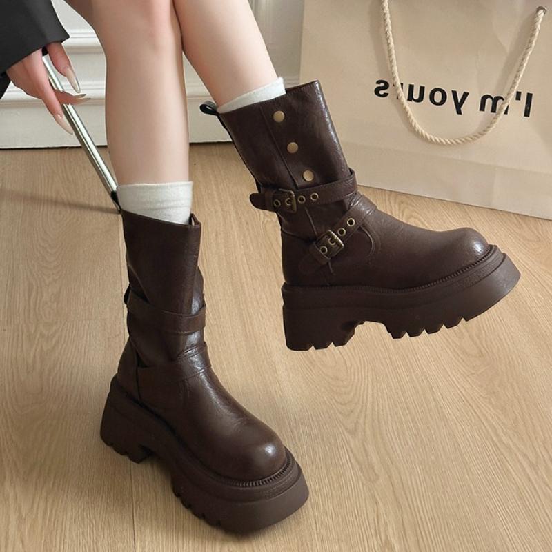 Autumn Winter Platform Thick Sole Women Ankle Boots Design Belt Buckle Punk Style Leather Modern Short Bottes Femmes