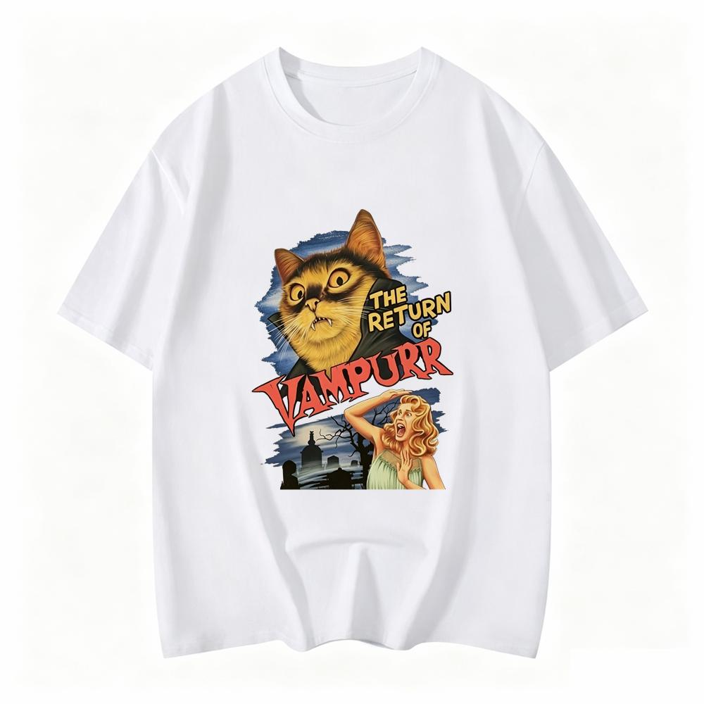 Unisexs Vintage Cat Print Tshirt The Return Of Vampire Retro Design Casual Crew Neck Short Sleeve Unisex Summer Clothing