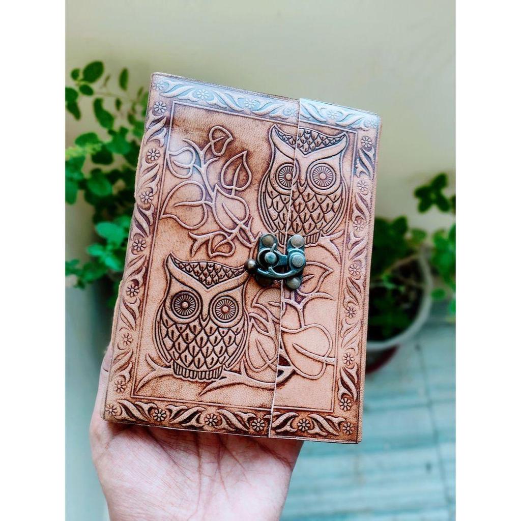 Owl Embossed Leather Bound Journal With Lock, Handmade Leather Notebook Unlined Journal Travel Diary Medium Size Locked Journal Fancy Diary