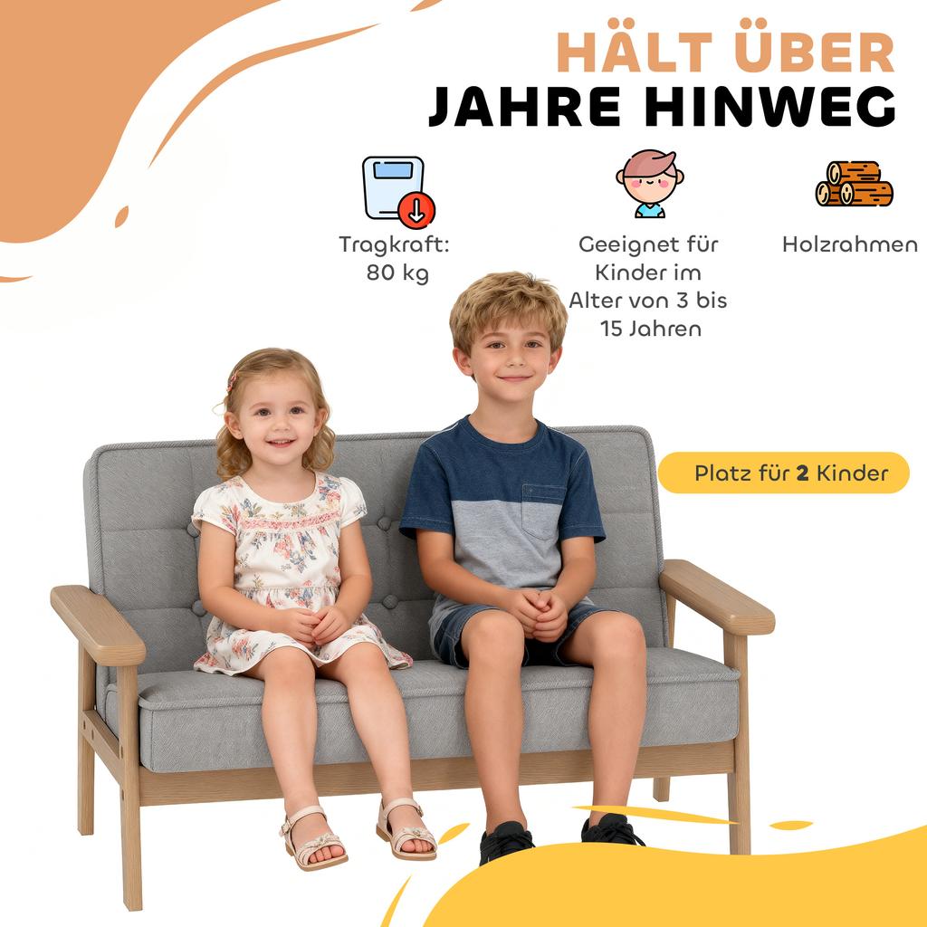 Kids Armchair, Kids Sofa with Wooden Frame, Velvet Look, Padded, for Children Aged 3-15 Years Grey